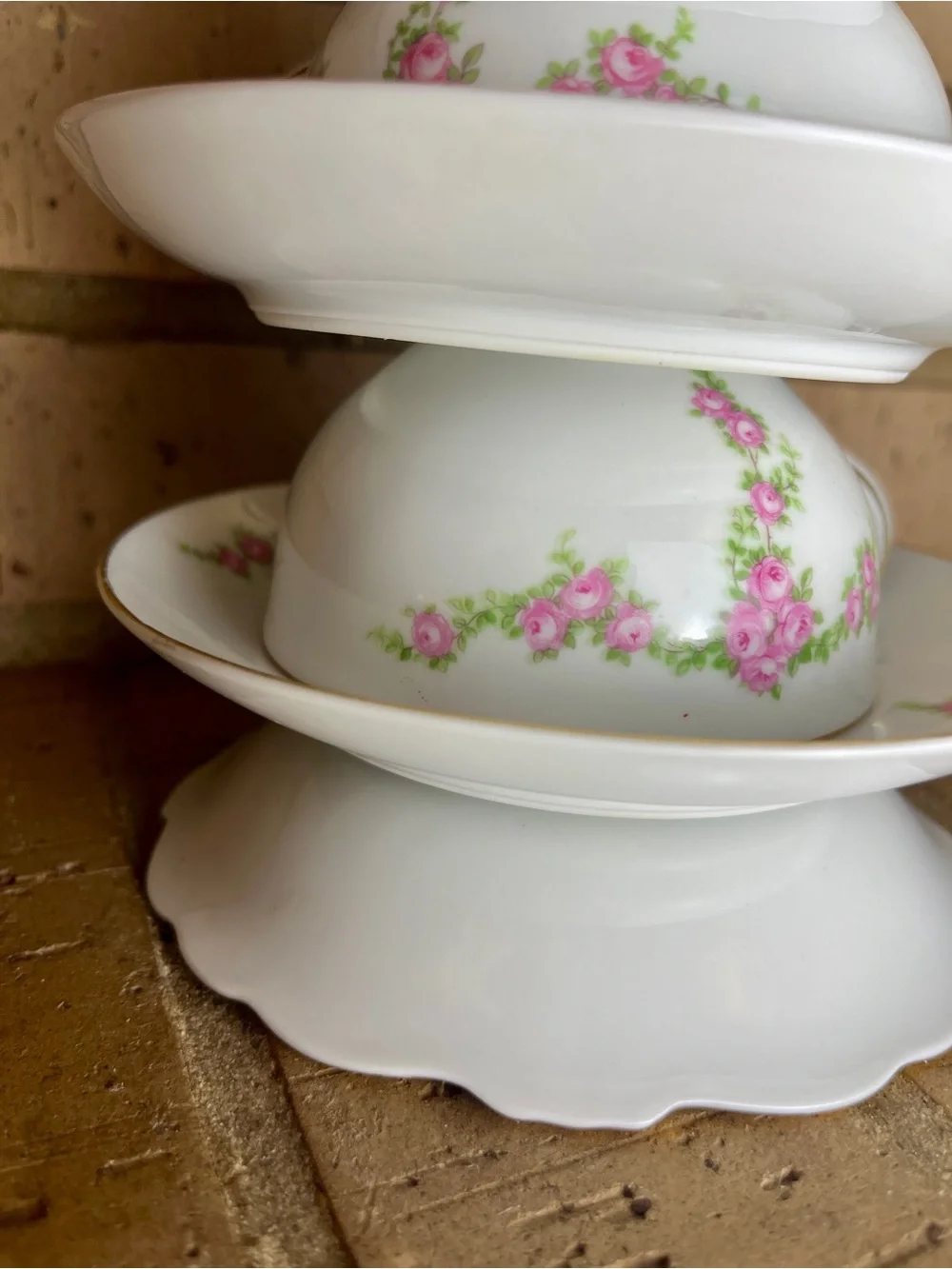 White and Pink Floral Teacup Candle Holder Stack